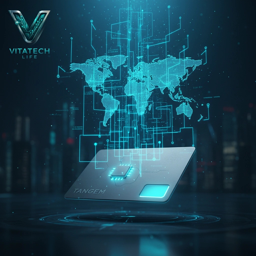 نمایی مفهومی از کارت Tangem در افق ۲۰۳۰ با نورهای آبی‑فیروزه‌ای، نماد Web3 و شبکه بلوک‌چین در پس‌زمینه؛ لوگوی شفاف VITATECH LIFE در گوشه، نشانه‌ای از آینده‌ی هویت و مالکیت دیجیتال.