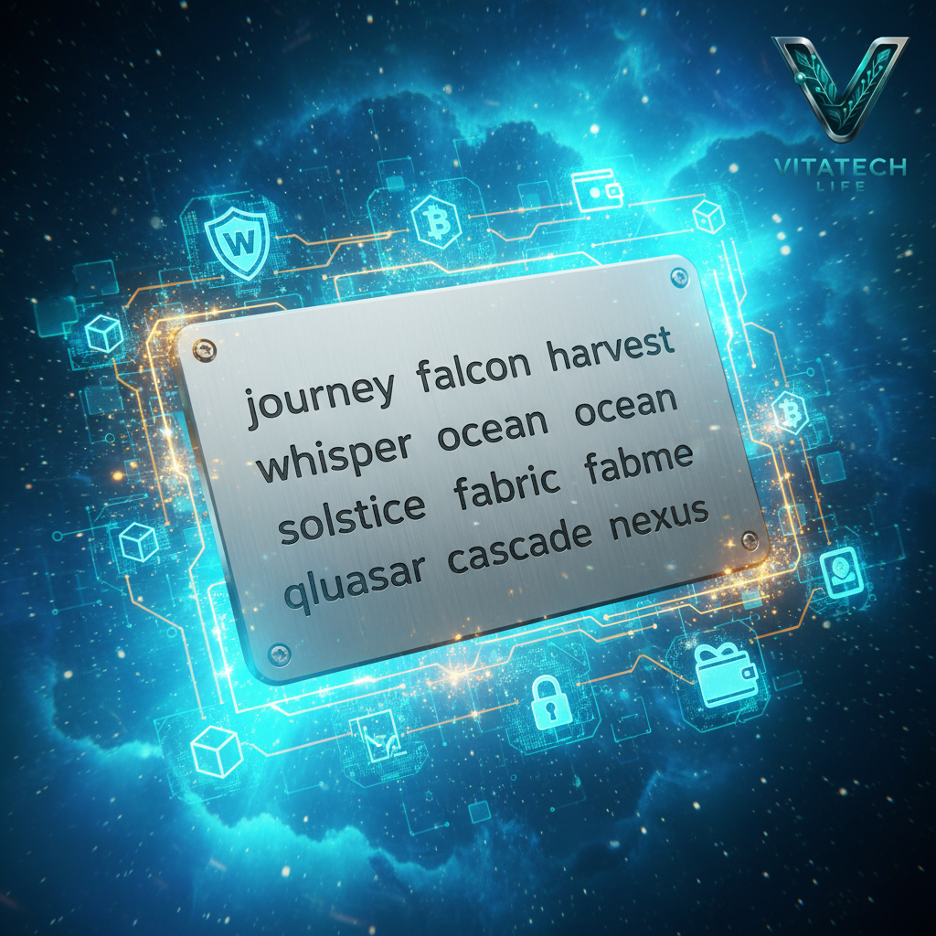 کاور رنگی و روشن با پس‌زمینه انرژی‌بخش، تصویر مفهومی از یک کارت یا کتابچه دیجیتال با ۱۲ کلمه نمایشی، نماد قفل طلایی و المان‌های بلاکچین، همراه با لوگوی شفاف VitaTech Life، نشان‌دهنده امنیت و اهمیت عبارت بازیابی یا Seed Phrase در حفاظت از کیف پول رمزارز.