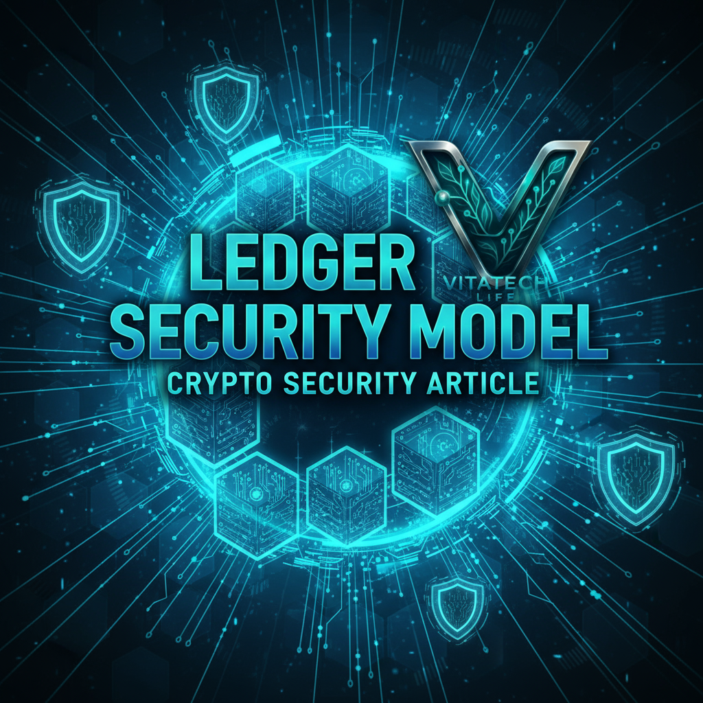 کاور مقاله مدل امنیتی لجر با لوگوی VitaTech Life و متن انگلیسی LEDGER SECURITY MODEL، مناسب آموزش امنیت کیف پول سختافزاری و تراکنشهای امن بلاکچین.