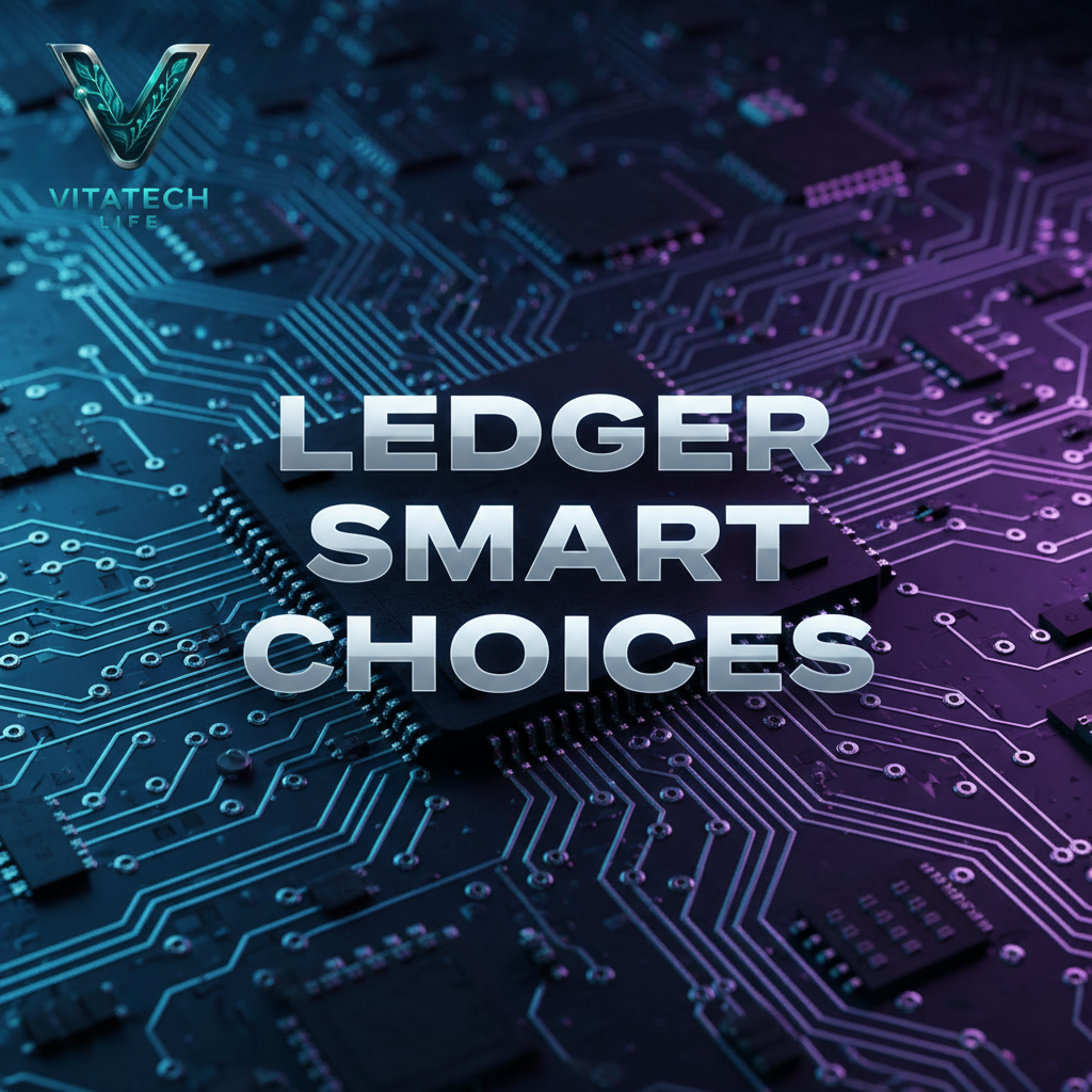 کاور مقاله Ledger Smart Choices با پسزمینه مدار دیجیتال آبی-بنفش و لوگوی VitaTech Life