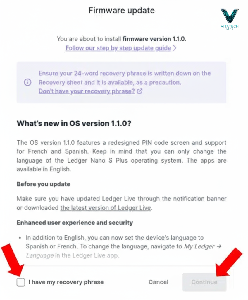 تصویر صفحه بهروزرسانی فریمور لجر نانو اس پلاس با نمایش نسخه فریمور و دکمه بهروزرسانی، همراه با لوگوی کوچک و شفاف ویتاتک لایف در بالای تصویر