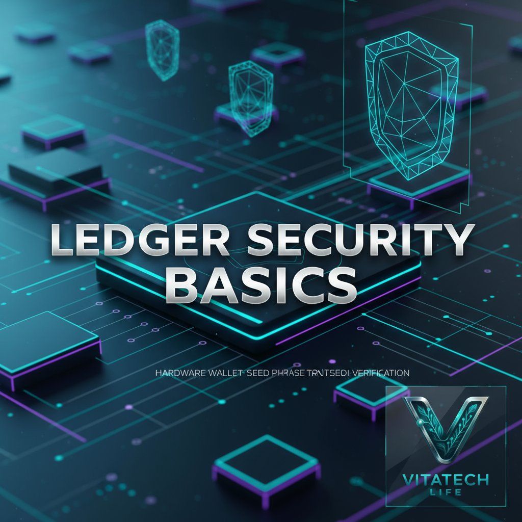 کاور آموزشی مقاله اصول مدل امنیتی لجر با لوگوی VitaTech Life و متن انگلیسی LEDGER SECURITY BASICS، مناسب معرفی ویژگیهای امنیت کیف پول سختافزاری Ledger و ذخیرهسازی امن داراییهای دیجیتال.