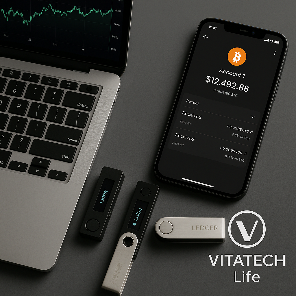 تصویر سه مدل کیف پول سختافزاری Ledger Nano S، Nano S Plus و Nano X با نمایش مدیریت بیتکوین در Ledger Live روی موبایل و لپتاپ، همراه با لوگوی Vitatech Life.