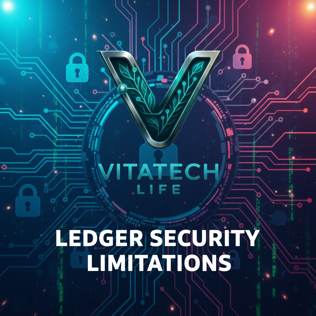 کاور مقاله Ledger Academy با متن “LEDGER SECURITY LIMITATIONS”، پس‌زمینه حرفه‌ای با رنگ‌های مدرن، لوگوی شفاف VitaTech Life در گوشه تصویر، مناسب برای موضوع محدودیت‌های امنیتی کیف پول سخت‌افزاری لجر.