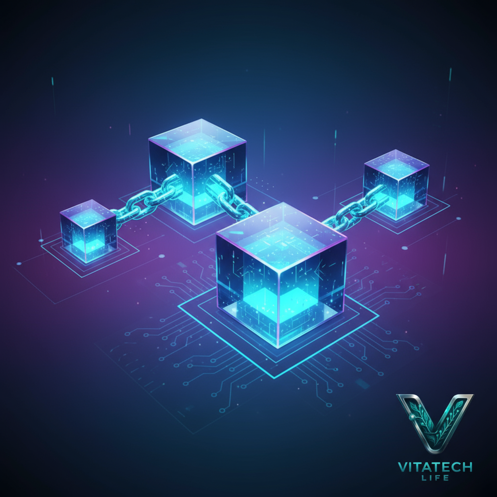 کاور مقاله «بلاکچین چیست؟» با تصویر گرافیکی زنجیره بلوکها و لوگوی VitaTech Life.