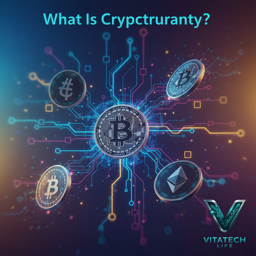 “کاور رنگی مدرن با نمادهای ارز دیجیتال و شبکه بلاکچین، به همراه لوگوی VitaTech Life در گوشه پایین راست” thumb_up thumb_down