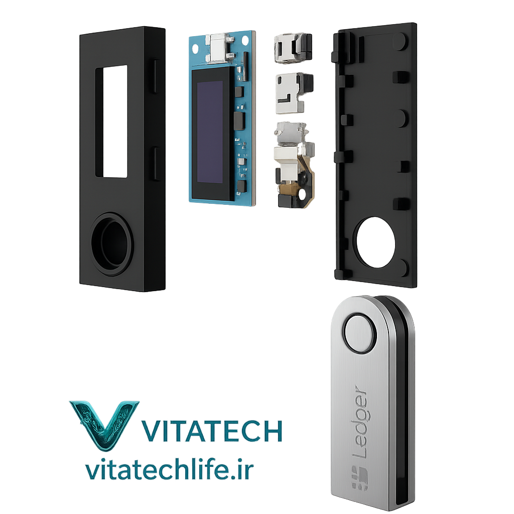 Ledger Nano S Plus باز شده به صورت نمای انفجاری با لوگوی Vitatech Life – کیف پول سختافزاری امن برای ارزهای دیجیتال