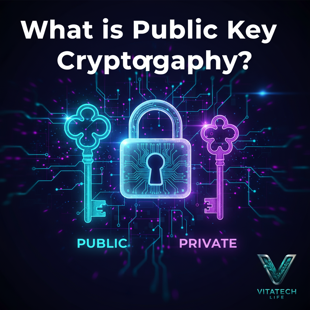 کاور رنگی با دو کلید درخشان (عمومی و خصوصی) بر پسزمینه شبکه رمزنگاری آبی-بنفش، به همراه لوگوی شفاف VitaTech Life در گوشه پایین راست، طراحیشده برای مقاله «رمزنگاری کلید عمومی چیست؟».