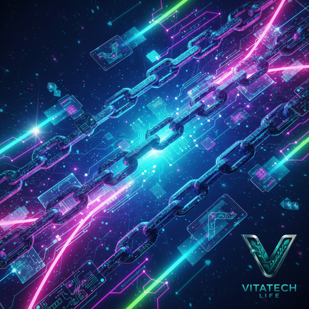 کاور رنگی با طراحی مفهومی بلاکچین، گرهها و زنجیرههای دیجیتالی در محیطی مدرن، همراه با لوگوی VitaTech Life در گوشه پایین راست.