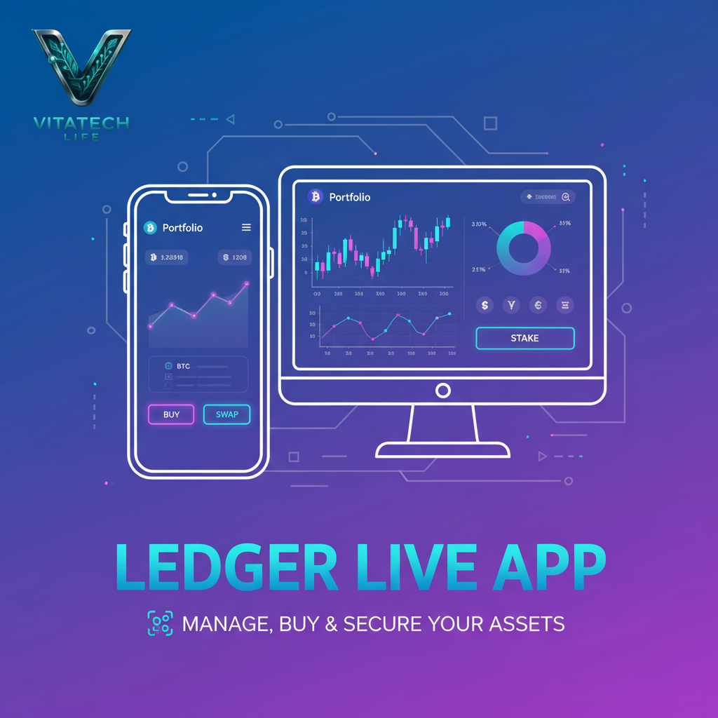 کاور مقاله Ledger Live App با تم نرم‌افزار لجر لایو، پس‌زمینه گرادینت آبی–بنفش، المان‌های مدیریت دارایی دیجیتال، نام “LEDGER LIVE APP” و لوگوی VitaTech Life