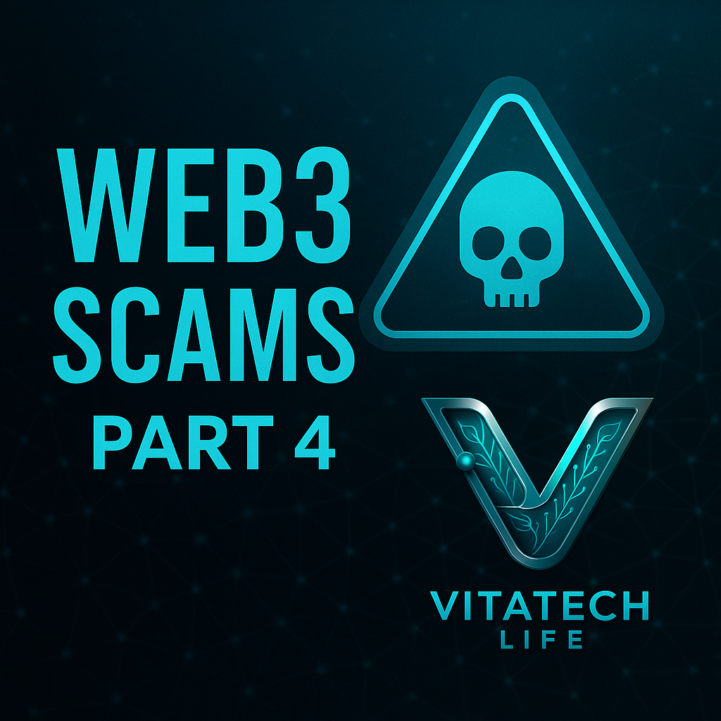 کاور رنگی مقاله کلاهبرداریهای Web3 – بخش چهارم با لوگوی VitaTech Life در پایین تصویر، شامل قفل دیجیتال درخشان، نمادهای بلاکچین، هاله امنیتی و رنگبندی آبی و مشکی، تاکید بر امنیت وب۳ و محافظت با کیفپول سختافزاری و حساب سرد.