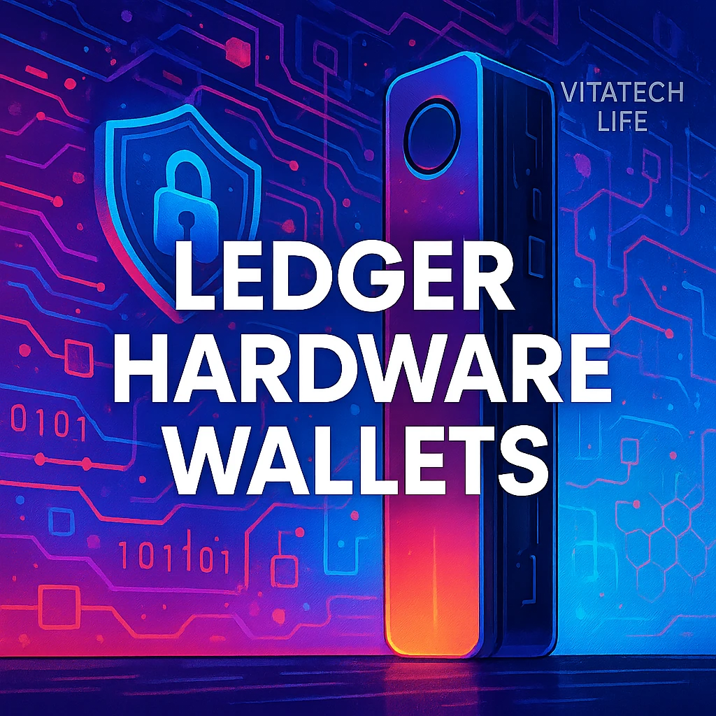 کاور رنگی مقاله کیف‌پول سخت‌افزاری لجر با لوگوی شفاف VitaTech Life و متن انگلیسی LEDGER HARDWARE WALLETS، مناسب برای آموزش امنیت رمزارز و حفاظت از دارایی دیجیتال.